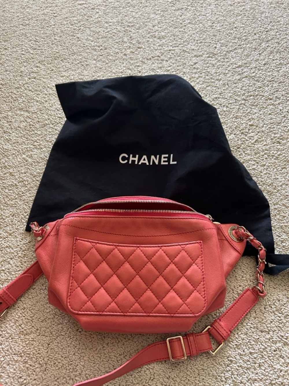 CHANEL Coral Pink Quilted Leather Crossbody Belt Bag